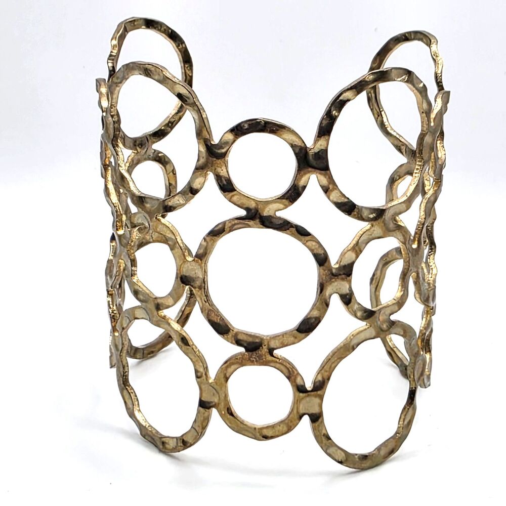 Large Gold Tone Cuff Bracelet Hammered Geometric Circles Brutalist Style